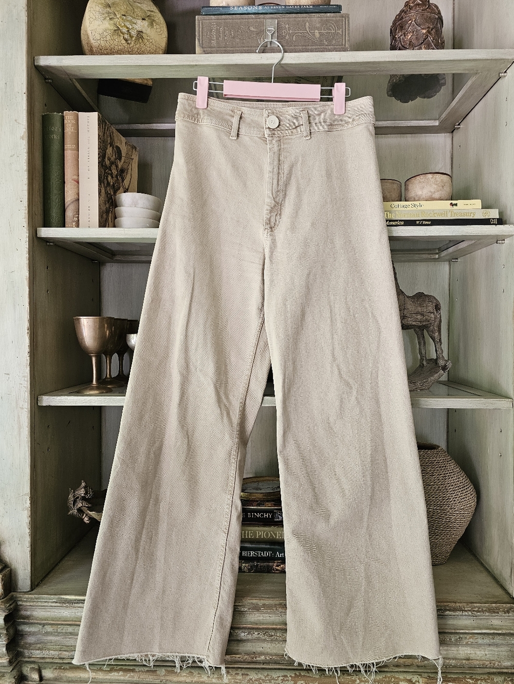 ZARA Marine Straight Patch Pocket Jean Sz 8 Wide Leg Raw Hem Beige Stone - Picture 7 of 14